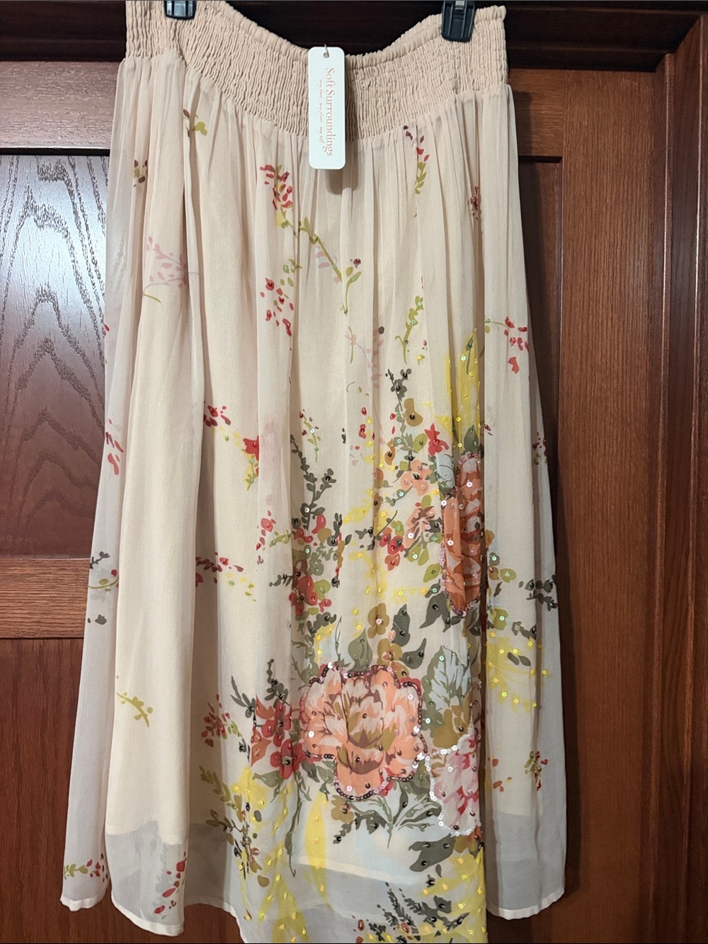 Soft Surroundings Beige Floral Midi Skirt with Pink and Yellow Blooms